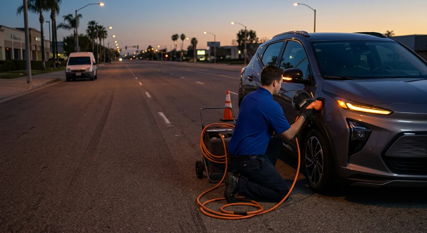 Dark EV with hazards on an empty Orange County arterial at dusk
