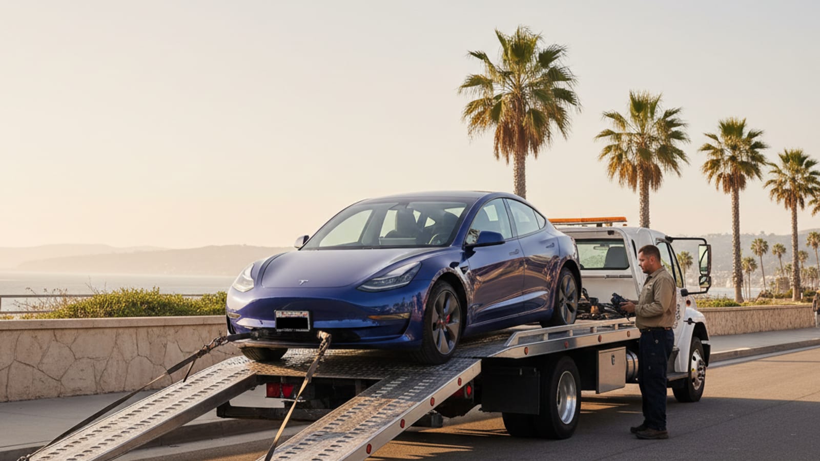 A mobile charging truck parked beside an EV on a Southern California freeway shoulder