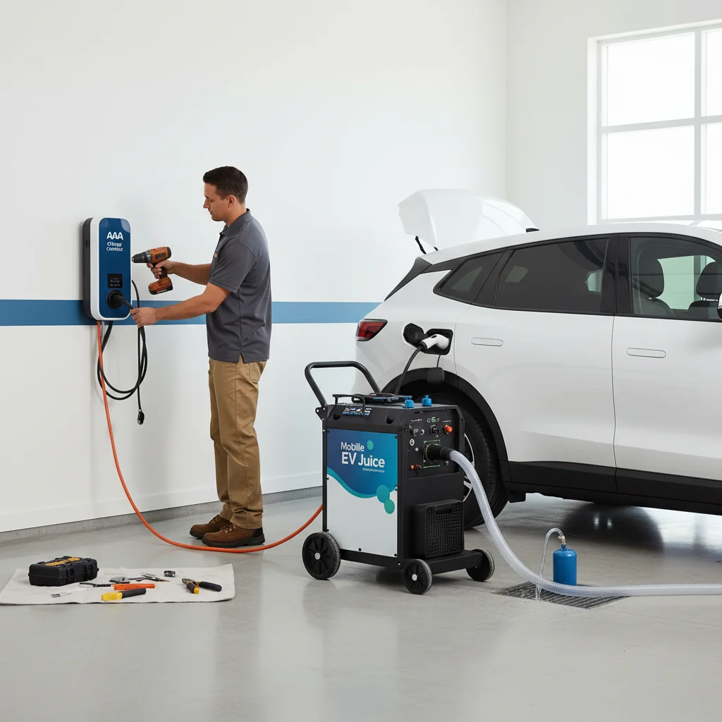 Split scene of a flatbed loading an EV and a mobile charging van plugged into another EV on a Southern California street