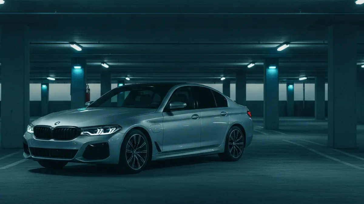 Luxury electric sedan parked in a dim residential garage with a dark dashboard