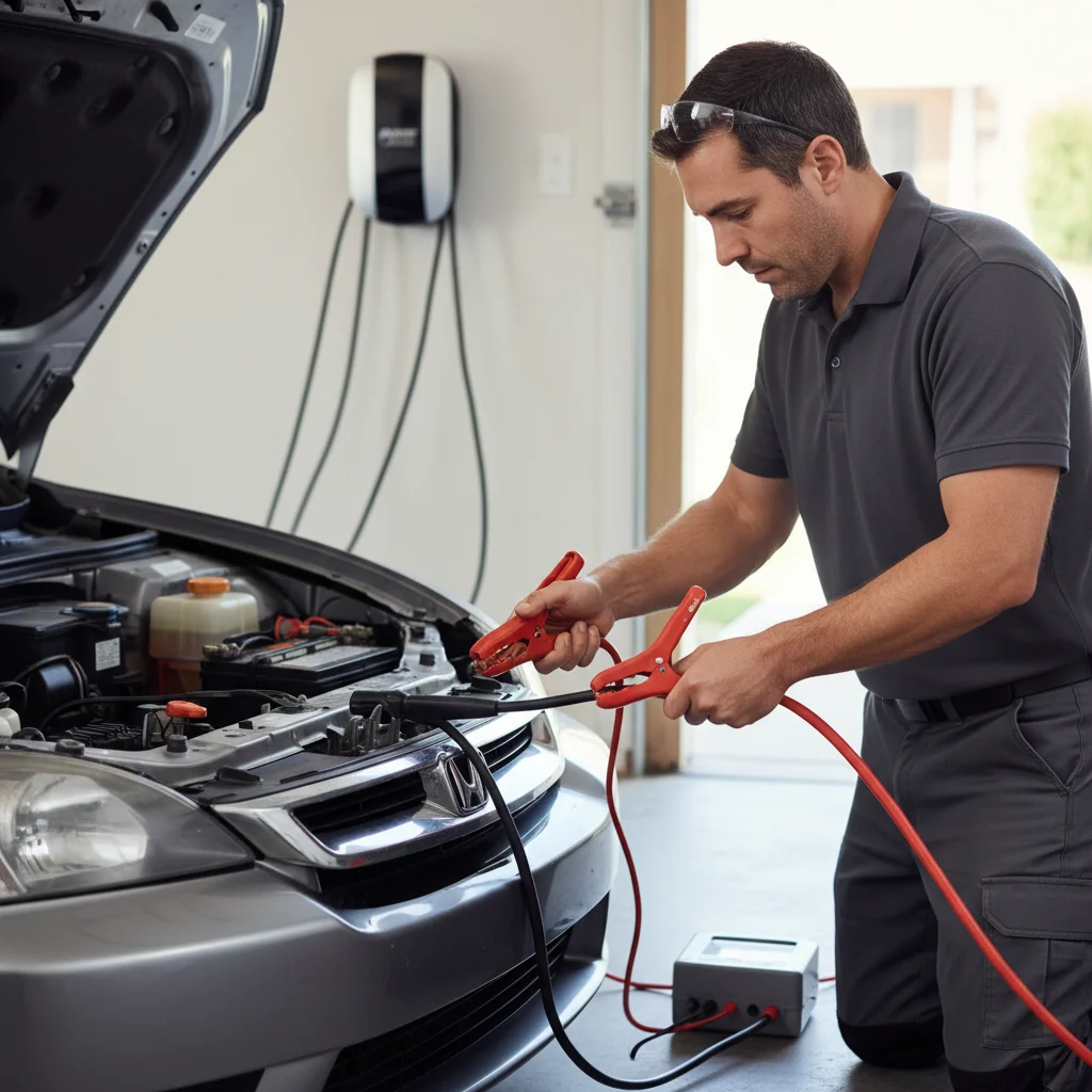 Jumper cable clamps on a 12-volt battery under an open hood in bright Southern California sun
