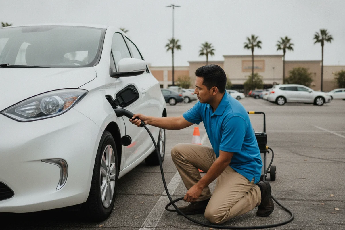 Technician plugging a mobile cable into a compact electric hatchback in a sunlit parking lot.