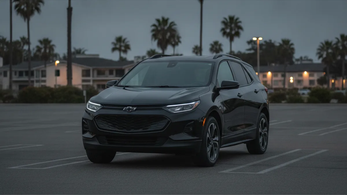 A dark, unresponsive Chevy Equinox EV parked in a covered garage at dusk with no dash lights