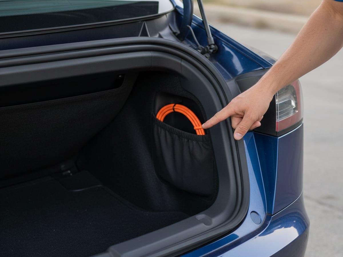 EV cargo area with side trim pulled back, showing the access panel and manual charge-port release cable