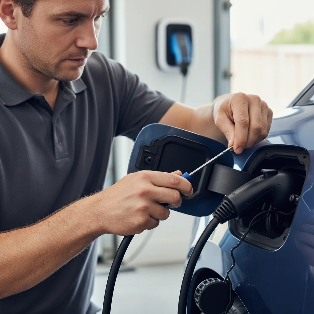 A mobile charging van at a curb beside a compact EV, Level 2 cable connected to the charge port.