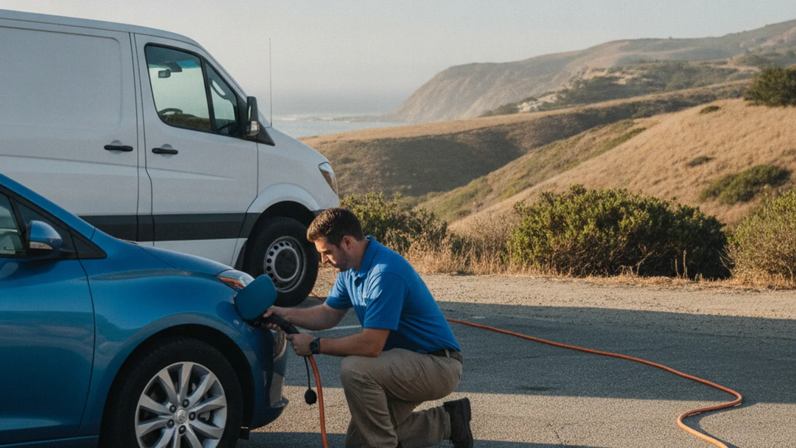 An EV driver comparing charging map pins on a phone beside a parked car
