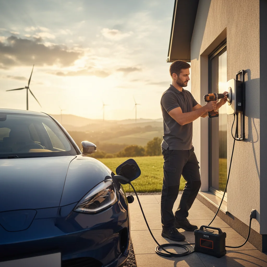 EV dashboard showing a battery percent and charging status, with a blurred Southern California street beyond the windshield