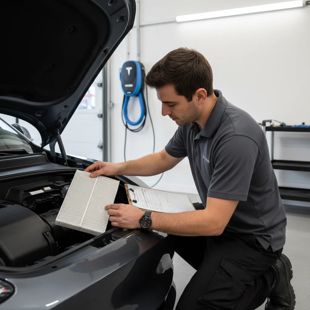 A technician holds a cabin air filter beside an open EV in a bright shop