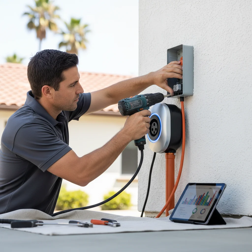 Close view of an electric car charge port and cable on a sunny Southern California street