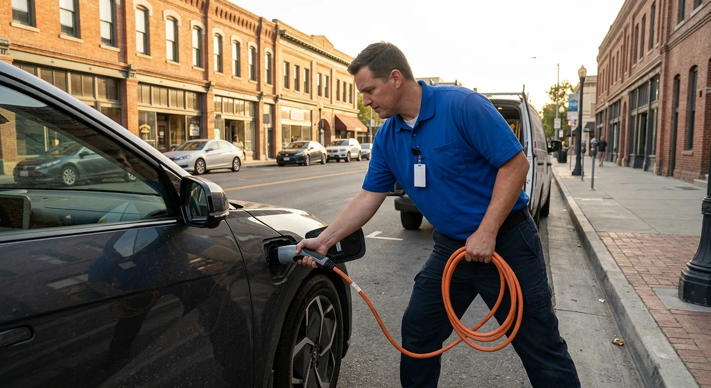Dark EV stopped along a downtown Santa Ana one-way curb at late day
