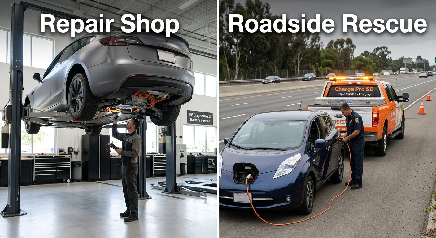 Split view of an EV on a shop lift and another EV getting charged at the curb