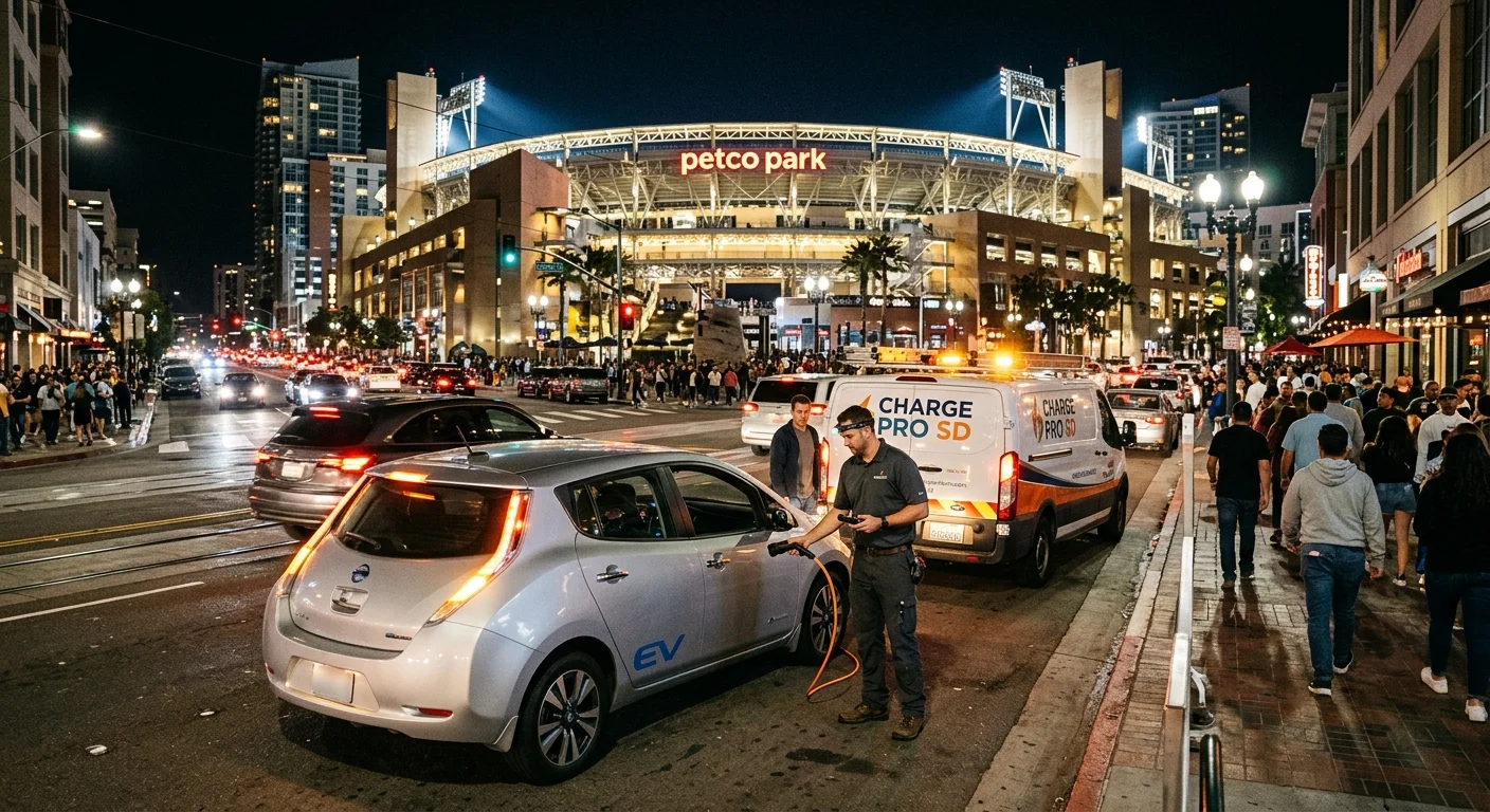 Stadium lights at night, a parked EV with hazard lights on, and a mobile charging truck on a crowded street
