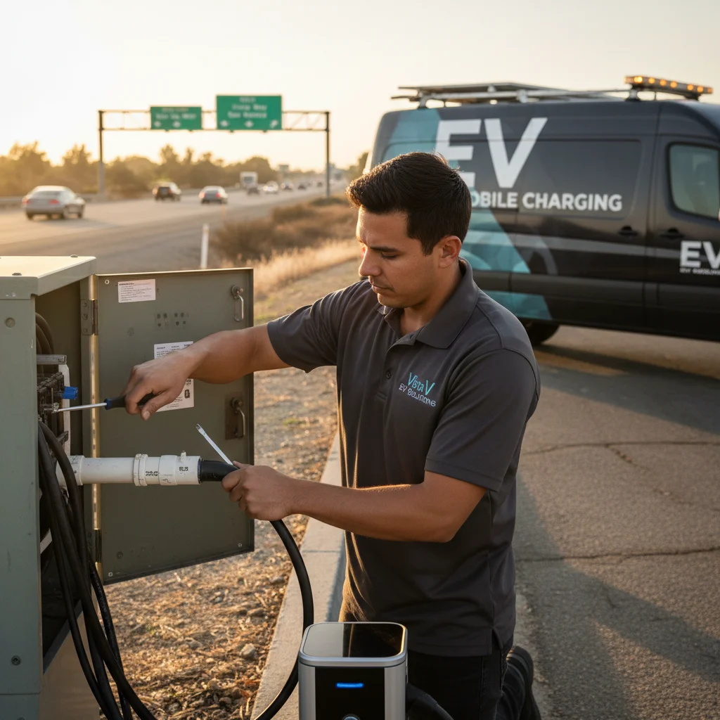A technician connecting a CCS cable to an EV parked on a residential street