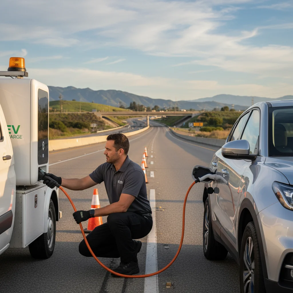 An electric pickup stopped on a freeway shoulder with hazard lights on in Southern California sun