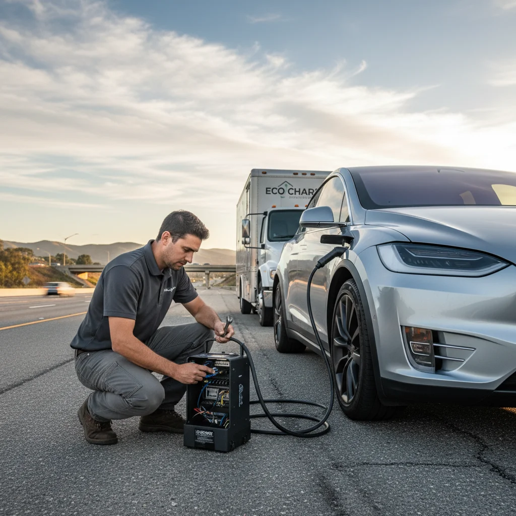 Electric SUV stopped on a freeway shoulder with dry hills behind it