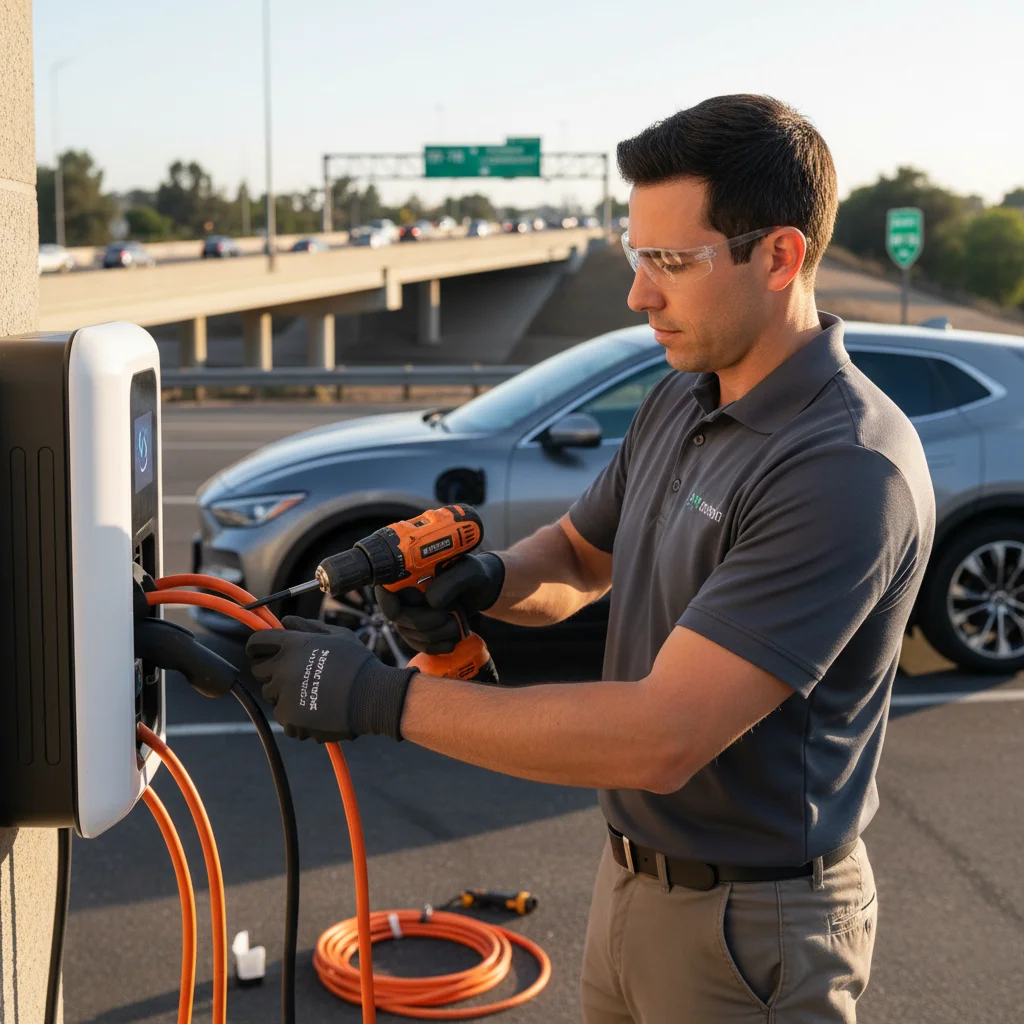 Technician connecting a portable charger to an EV in a sunlit parking lot