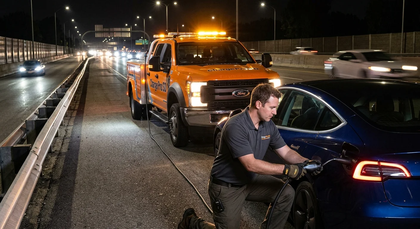 A stranded electric car on a highway shoulder at night as a rescue truck pulls up with lights on