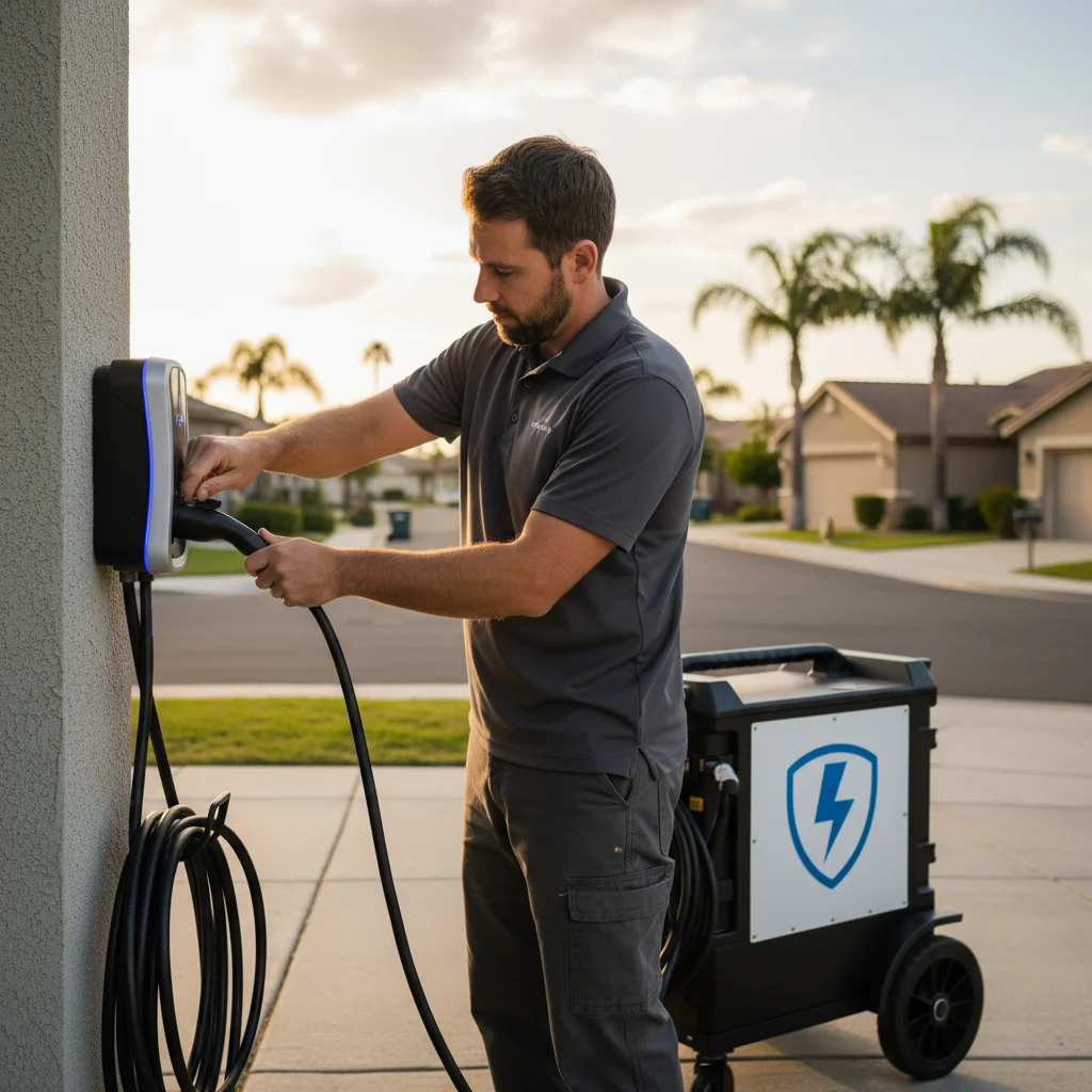 A charging cable plugged into an EV at a residential curb in Southern California