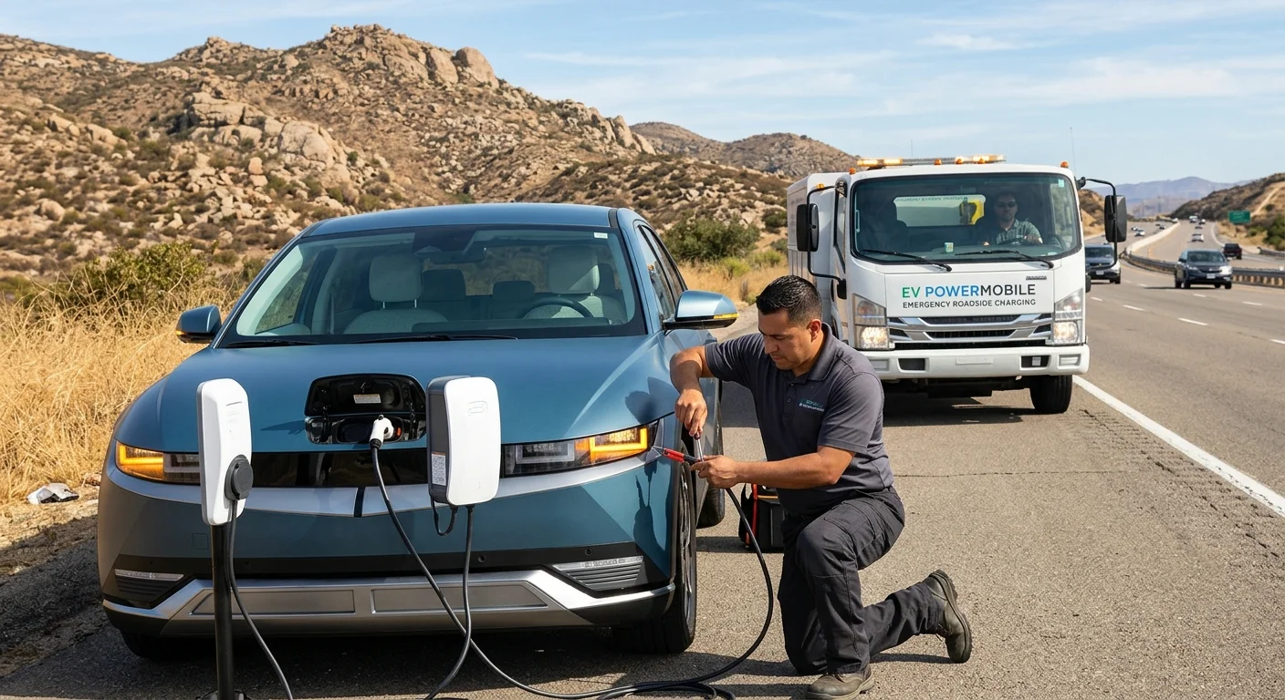 A technician kneels to connect a mobile charger to an electric car on a Southern California shoulder, with a rescue truck behind it.