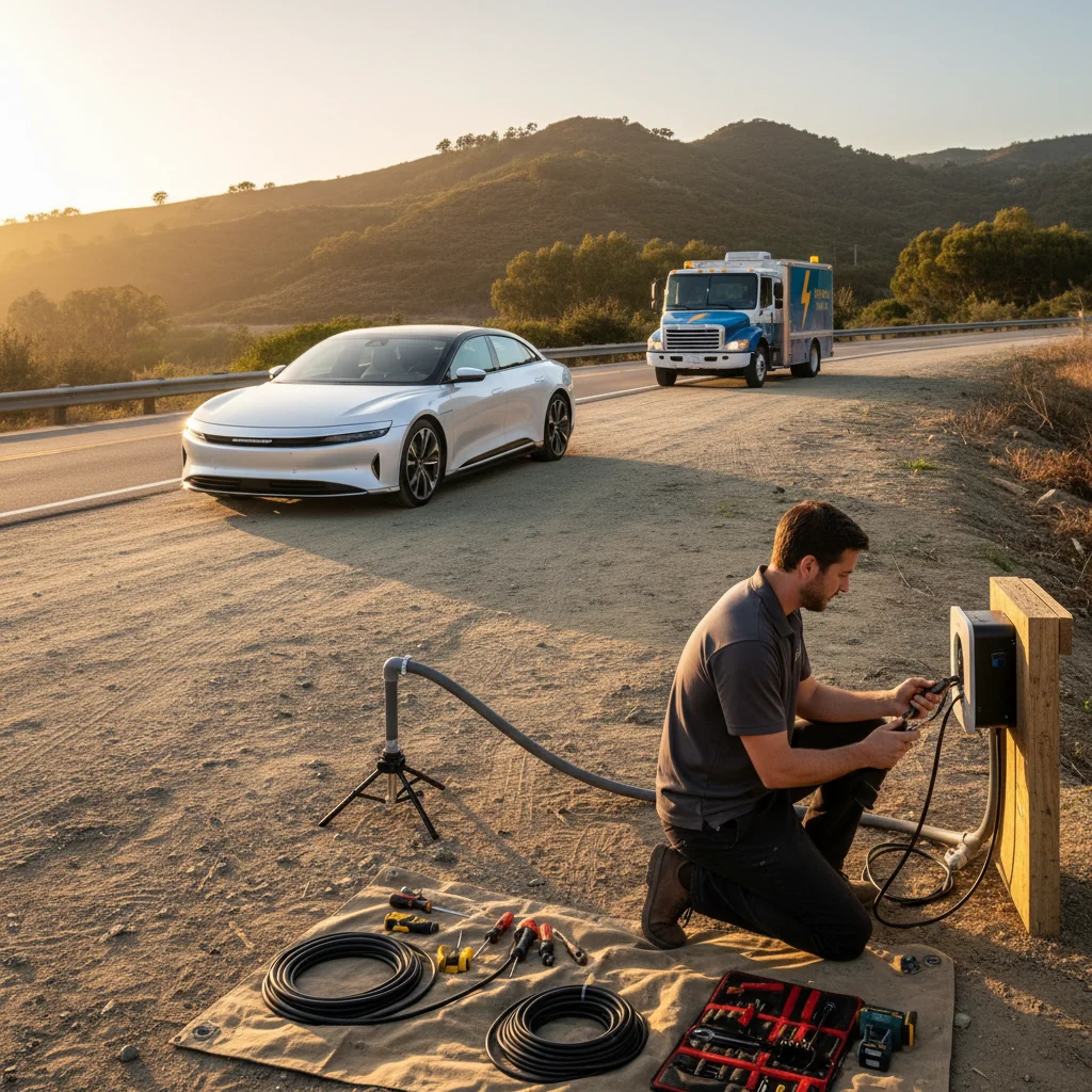 An electric SUV parked on a hillside shoulder under eucalyptus, with a coastal grade dropping away.