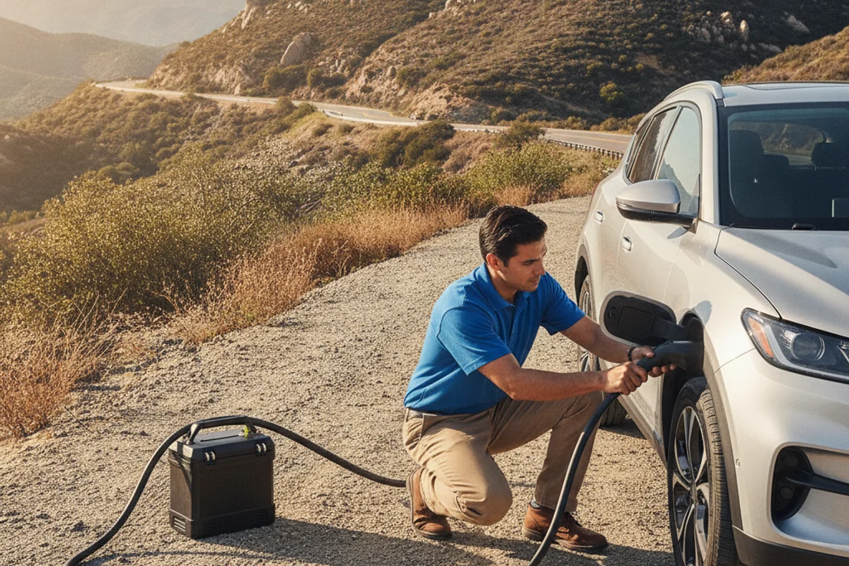 A technician connecting a portable charger to an electric SUV on a mountain-adjacent road