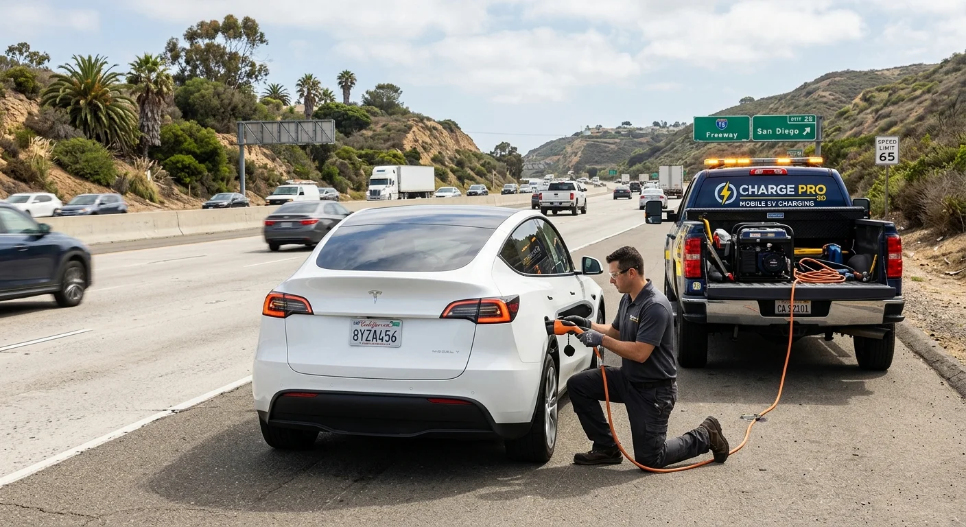 A Tesla parked on a Southern California freeway shoulder with traffic passing in daylight