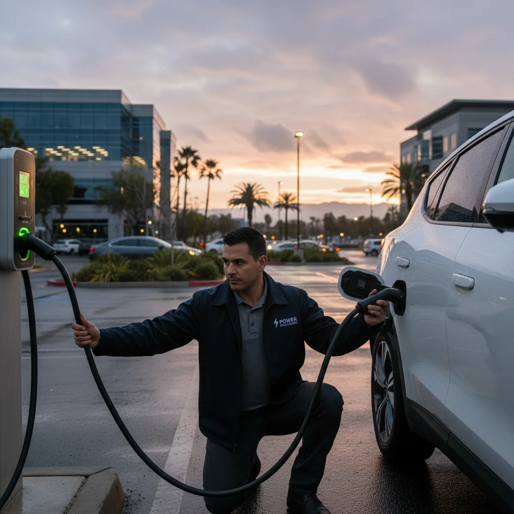A person connecting a charging cable to an EV in an outdoor parking lot