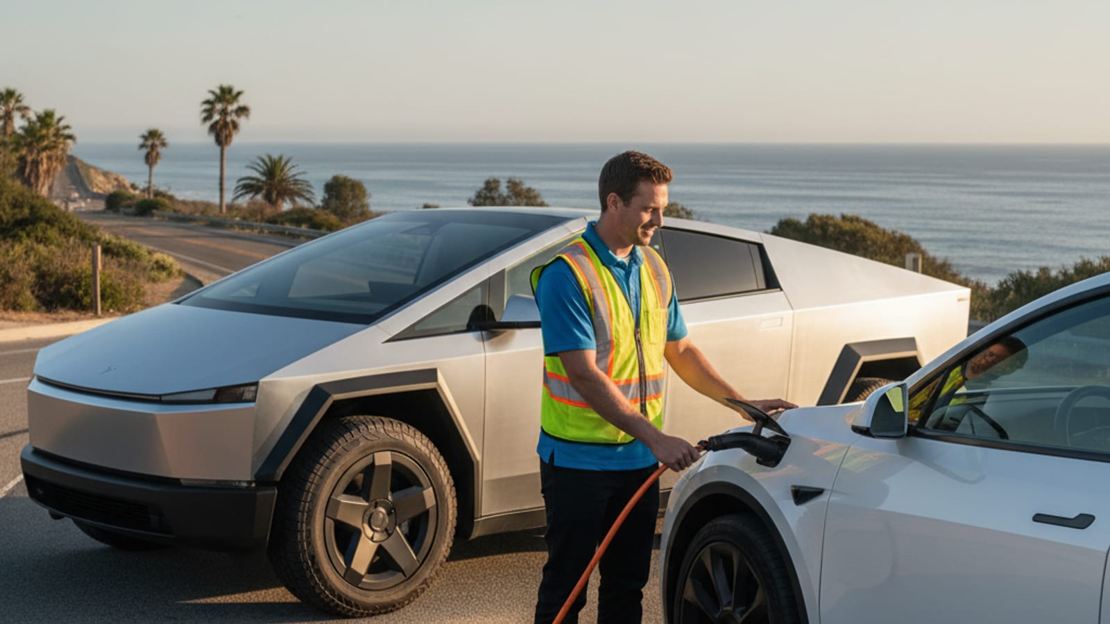 An electric car on a freeway shoulder at dusk with hazard lights and dry hills behind it