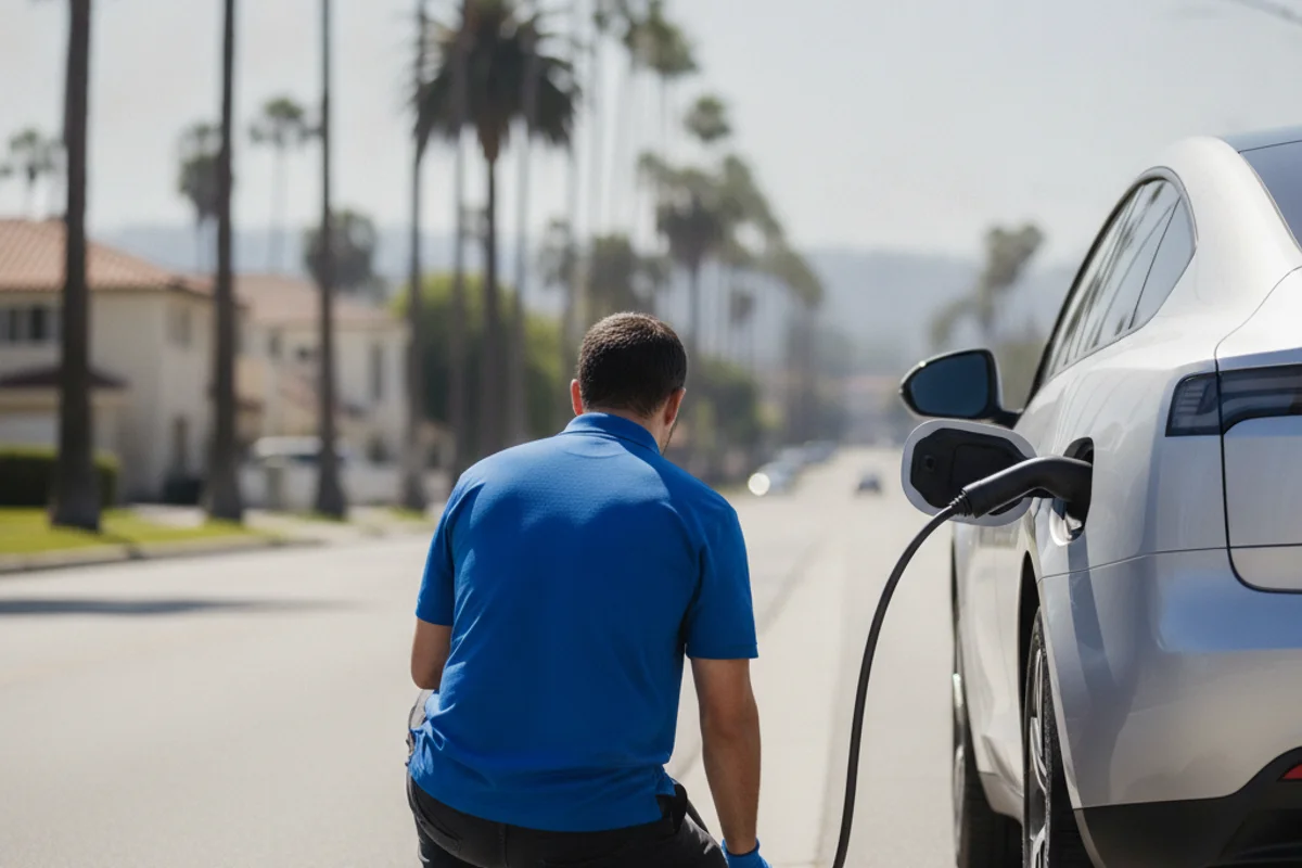 A technician crouched beside an electric car at a palm-lined curb, plugging in a charge cable