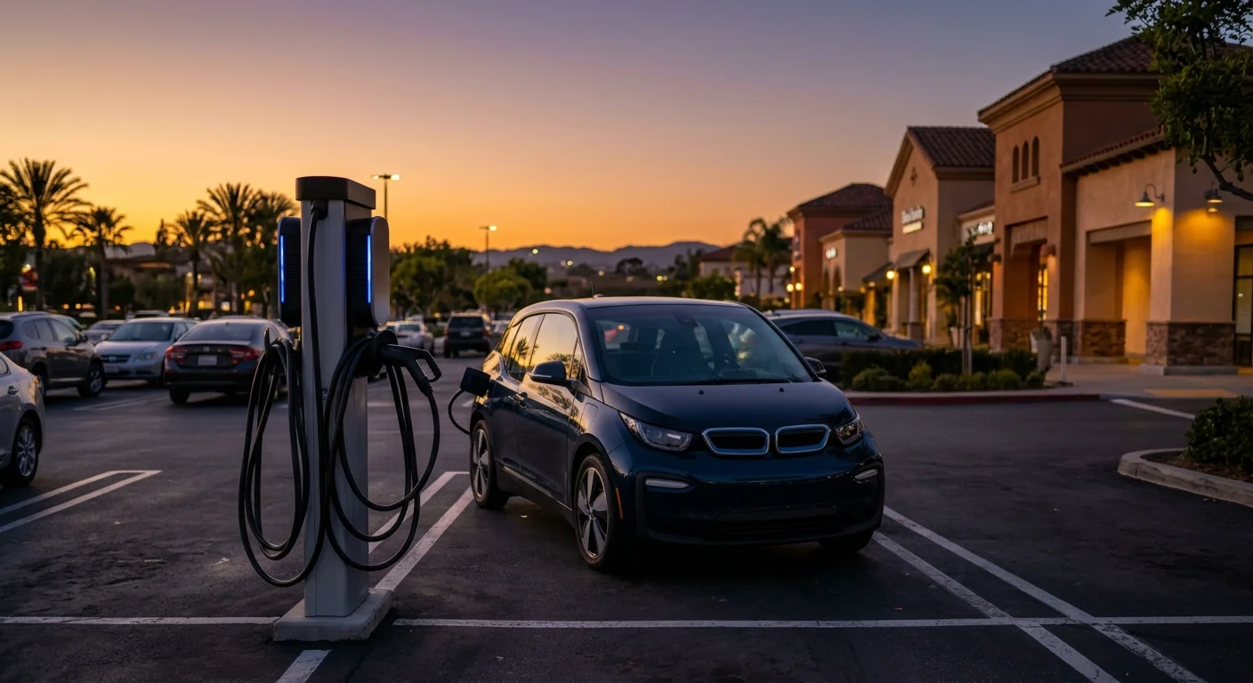 Dark compact EV waiting at an Orange County shopping-center stall at dusk