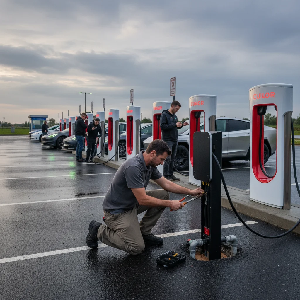 Supercharger stalls with some occupied and others showing red error lights, drivers waiting beside their cars
