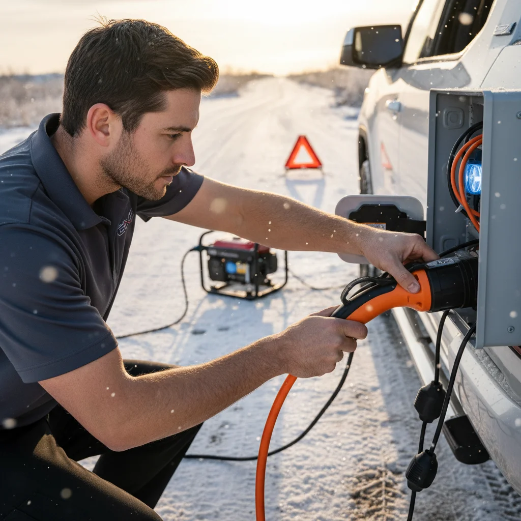 Charging cable plugged into an electric truck at a sunny residential curb