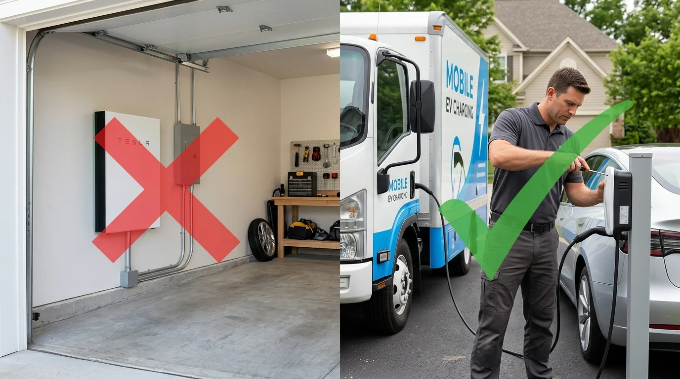 Split photo of a wall-mounted home battery marked with an X next to a mobile charging truck plugged into an EV