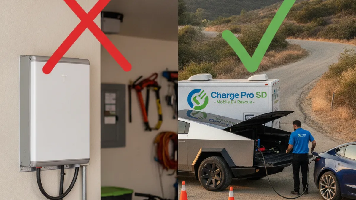 Split view of a wall-mounted home battery on a garage wall and a mobile charging truck beside a stalled EV on a dry hillside road