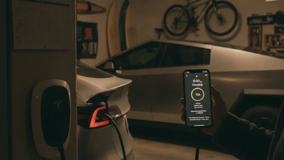 A Tesla Model Y plugged into a home wall charger in a garage at night, with a phone showing a charging screen
