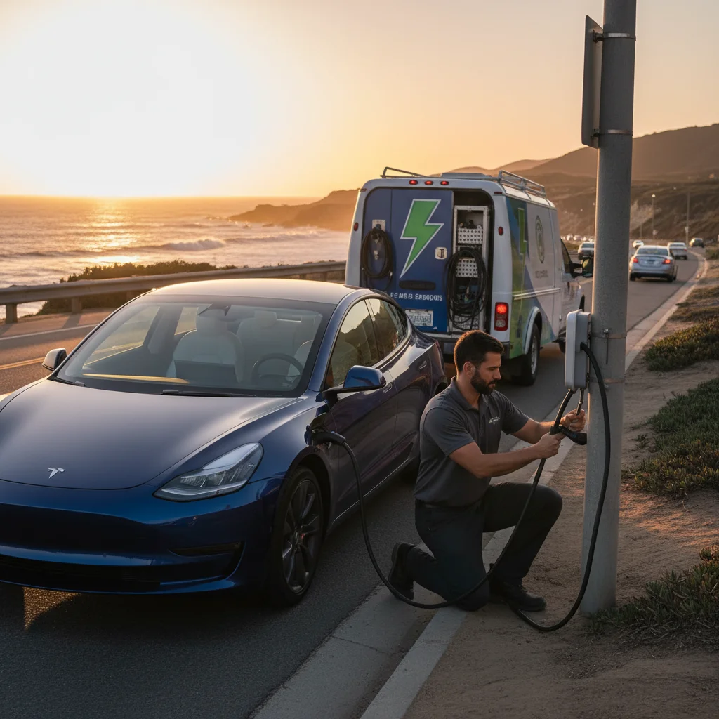 Tesla parked on a coastal bluff road at sunset as a mobile charging truck approaches