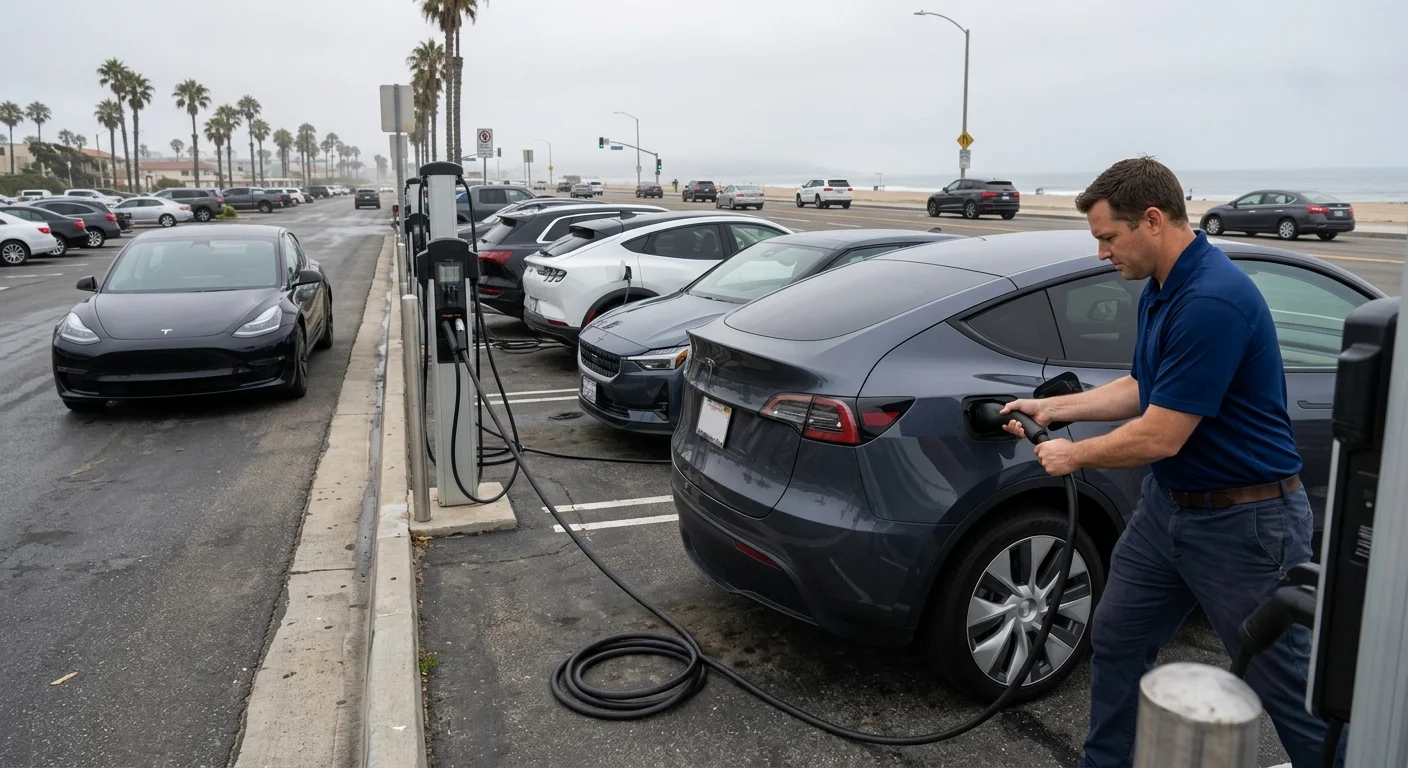 Huntington Beach parking lot near Pacific Coast Highway at late afternoon, a Tesla waiting while other EVs fill the charger row