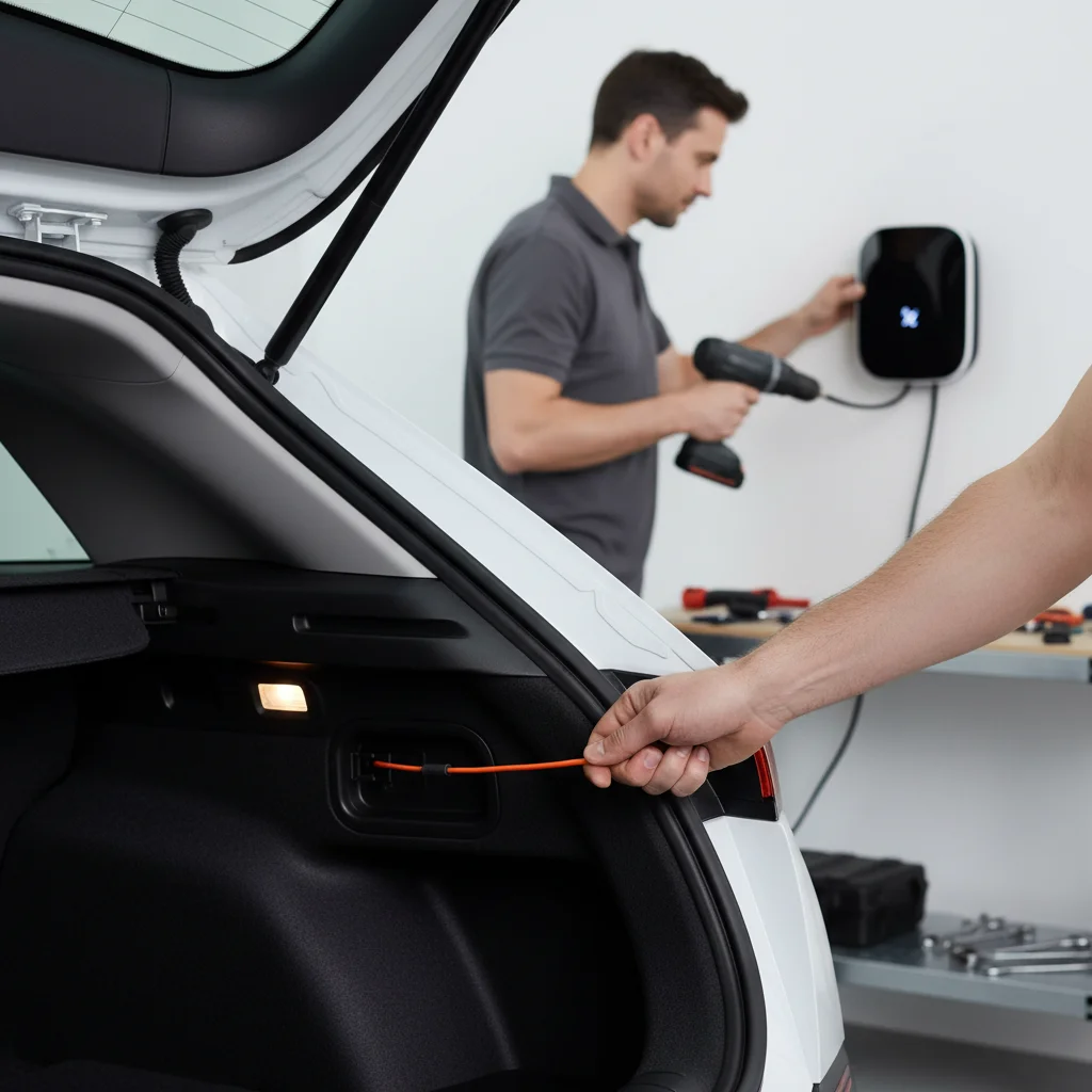 Hand pulling the Ioniq 5 manual charge port release in the cargo area