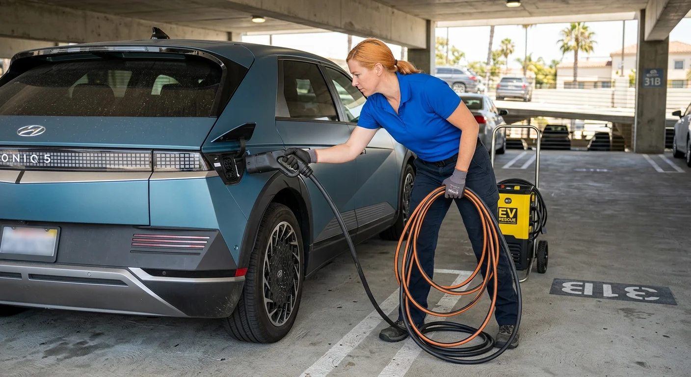 Hyundai Ioniq 5 charge door closed in an Orange County parking structure