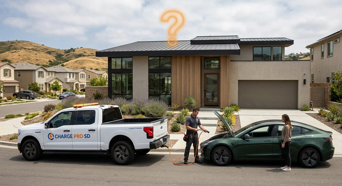Modern two-story stucco house with rooftop solar beside an electric car at a suburban curb