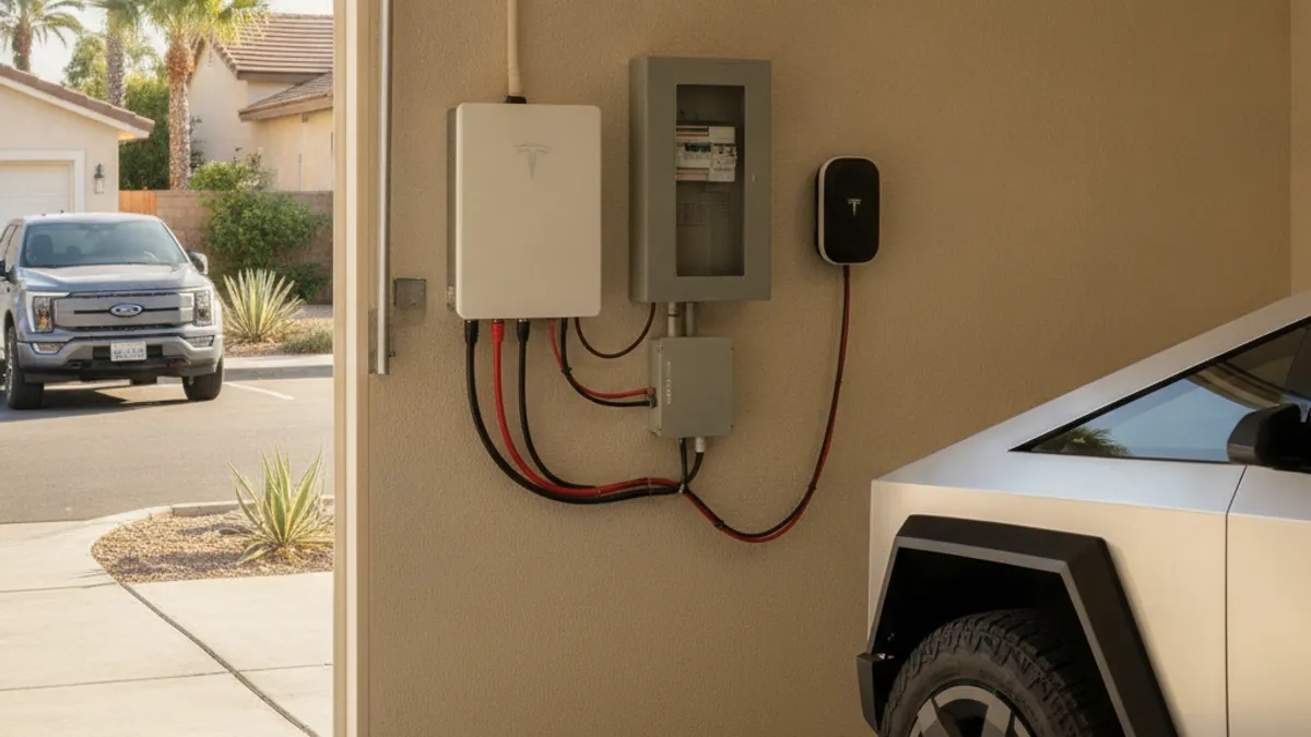 A white home battery mounted on a garage wall beside the main electrical panel.