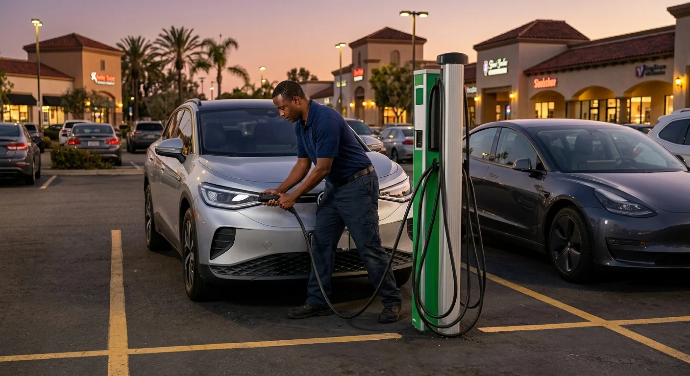 Level 2 charging cable at an Orange County shopping-center stall at dusk