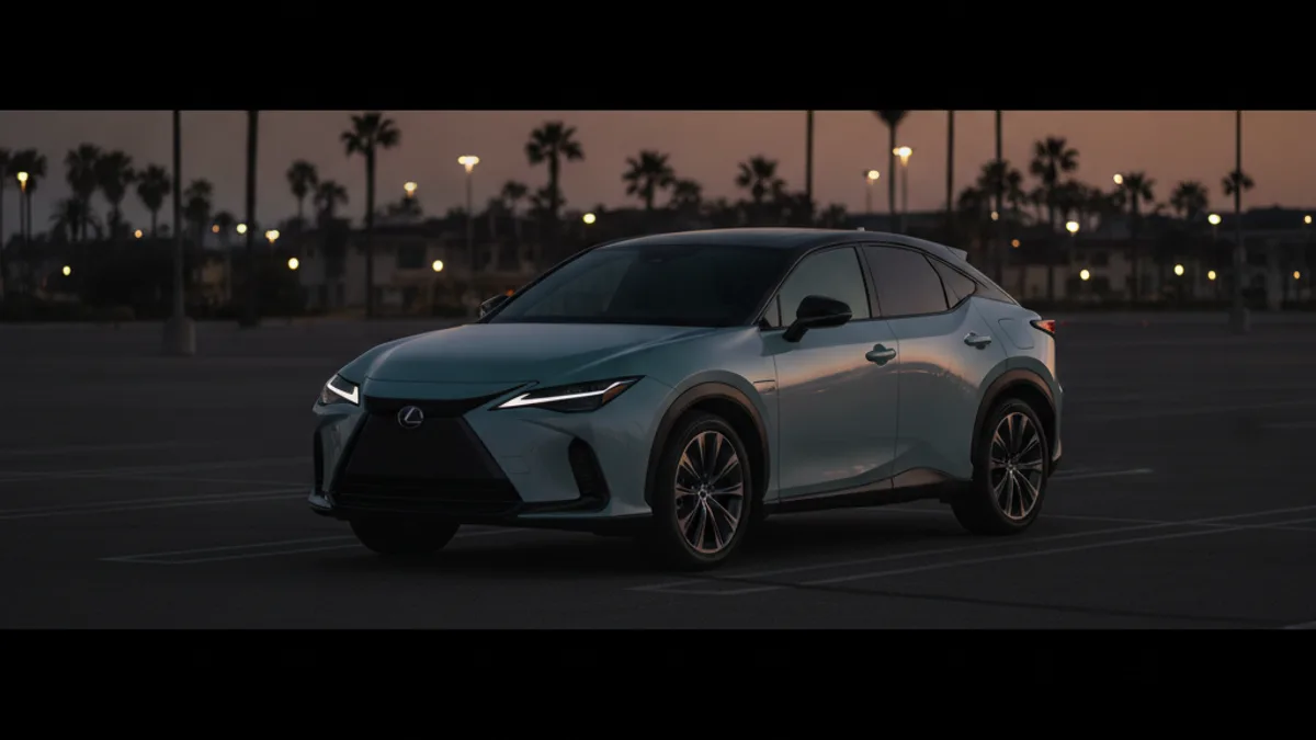 A dark electric crossover in a dim Southern California parking structure at dusk, dashboard unlit
