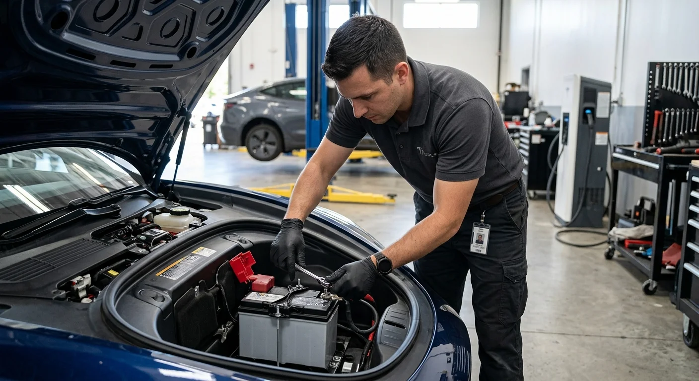 Jump cables clipped to a luxury electric sedan's underhood terminals in a concrete parking garage