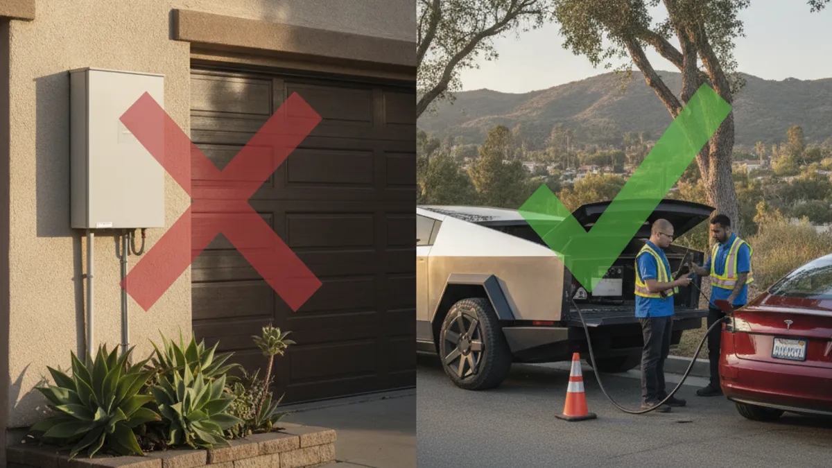 Split photo of a wall-mounted home battery with a red X beside a mobile charging truck at a stranded EV with a green check