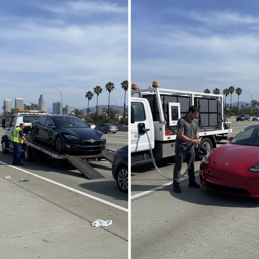 Split-frame photo of a flatbed loading an electric car and a mobile charger plugged into an EV on a freeway shoulder