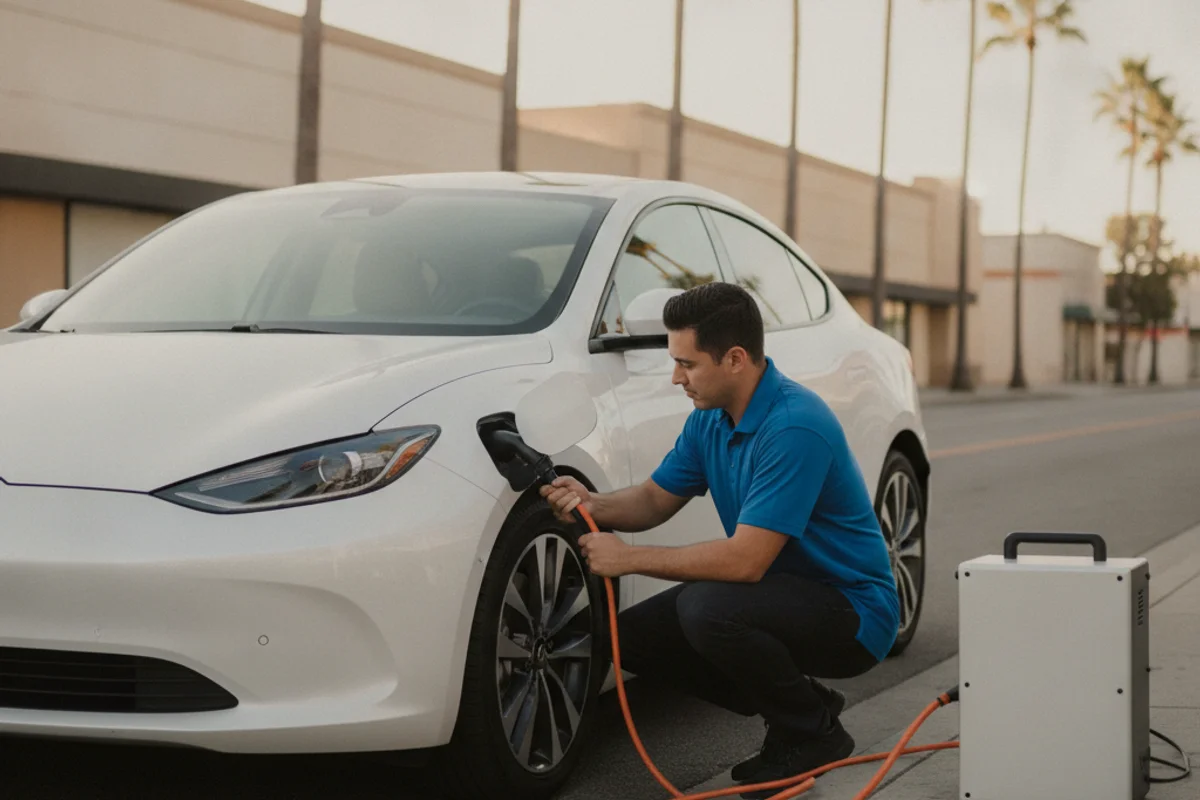 Technician connecting a portable charger to an electric car at the curb