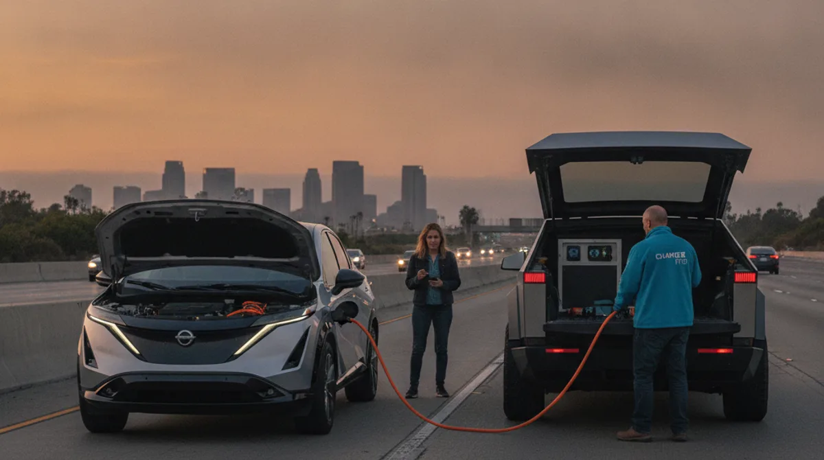 A crossover EV on a Southern California shoulder next to a mobile rescue van with a charge cable connected.
