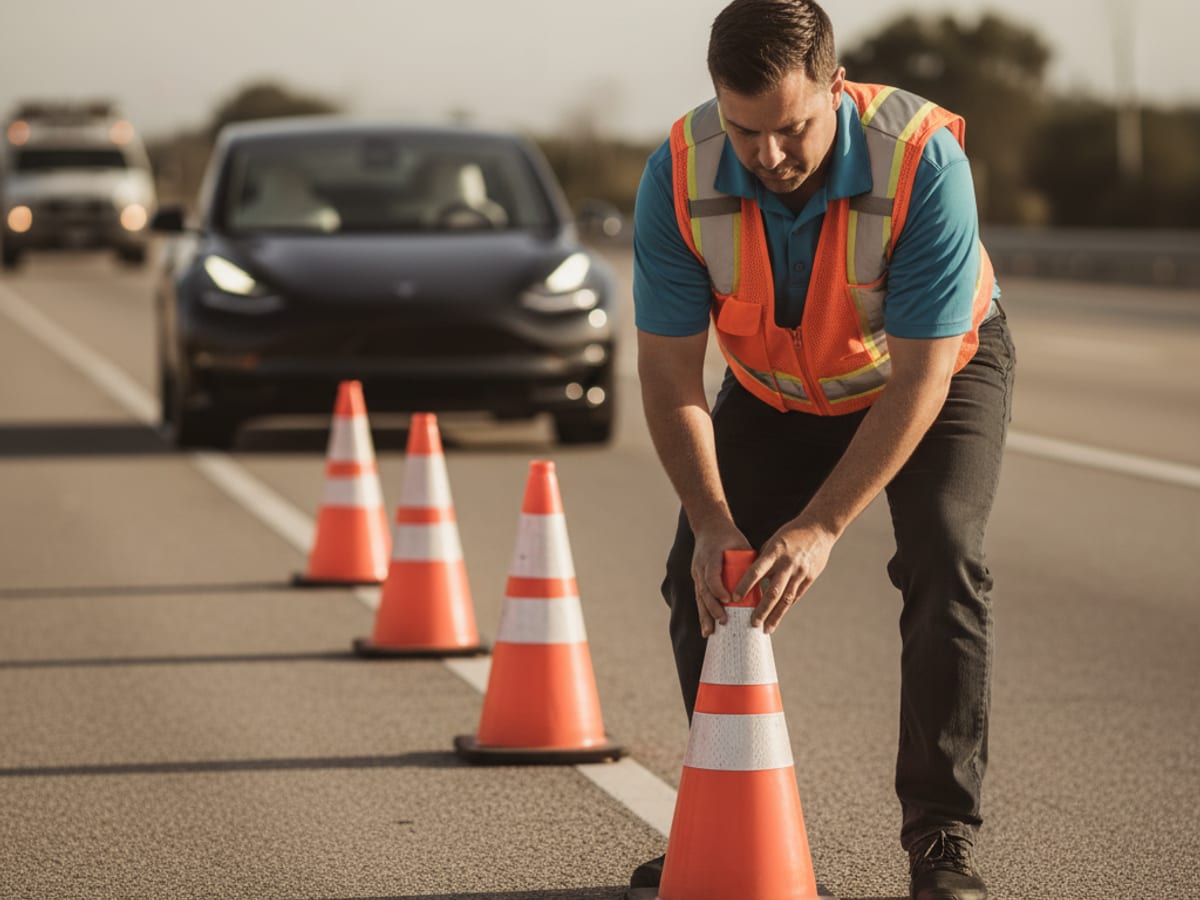 A rescue truck parked on a freeway shoulder behind a stranded electric car, orange cones set in a line