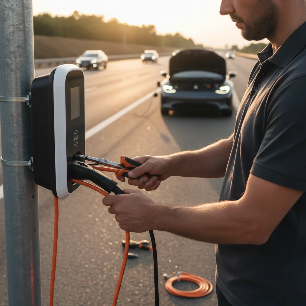Mobile charging equipment on a freeway shoulder beside an electric car